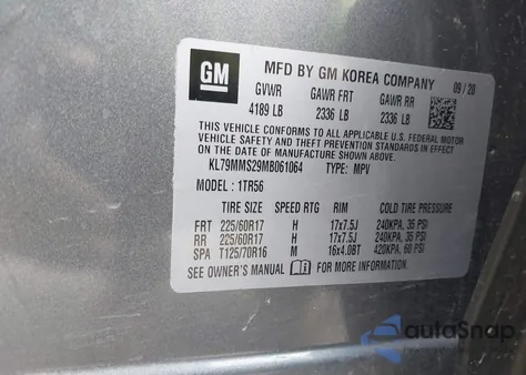 2021 Chevrolet Trailblazer Fwd Ls из США, поврежденный, VIN KL79MMS29MB061064